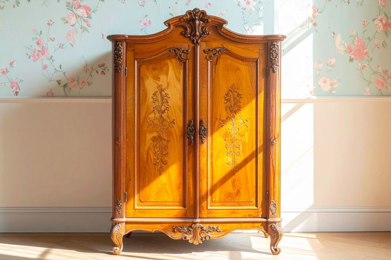 Armoire Louis XV en bois précieux avec portes galbées ornées d'incrustations florales et poignées en bronze