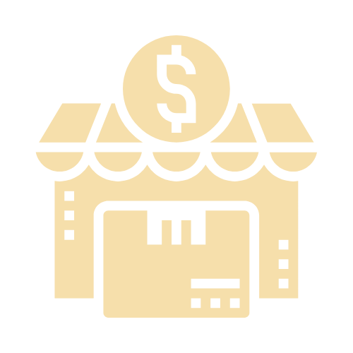 Icône boutique avec auvent jaune, symbole dollar et éléments de vente