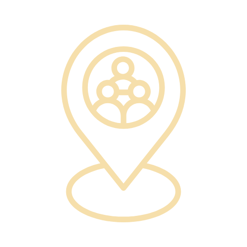 Icône de localisation avec symbole de groupe de personnes, représentant un service local de dépôt-vente et débarras